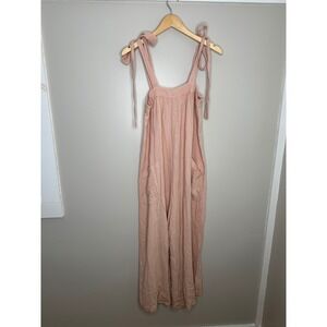 Bird and Knoll Women's Pink Linen Blend Tie Strap Wide Leg Jumpsuit Size‎ S